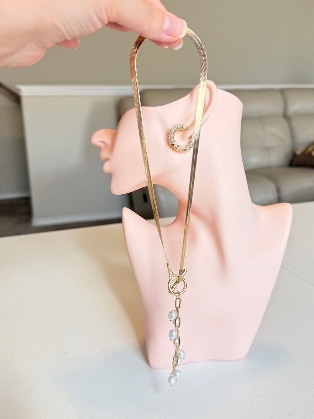 Gold Toggle Necklace with White Pearl Drop - Picture 9 of 11